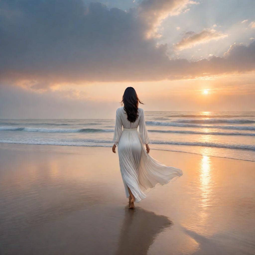  Draw a scene of a serene Asian woman walking down a beach at sunset. The sky is breathtakingly beautiful with gentle waves in the water, capturing a peaceful moment in time. hyperrealistic, full body, detailed clothing, highly detailed, cinematic lighting, stunningly beautiful, intricate, sharp focus, f/1. 8, 85mm, (centered image composition), (professionally color graded), ((bright soft diffused light)), volumetric fog, trending on instagram, trending on tumblr, HDR 4K, 8K