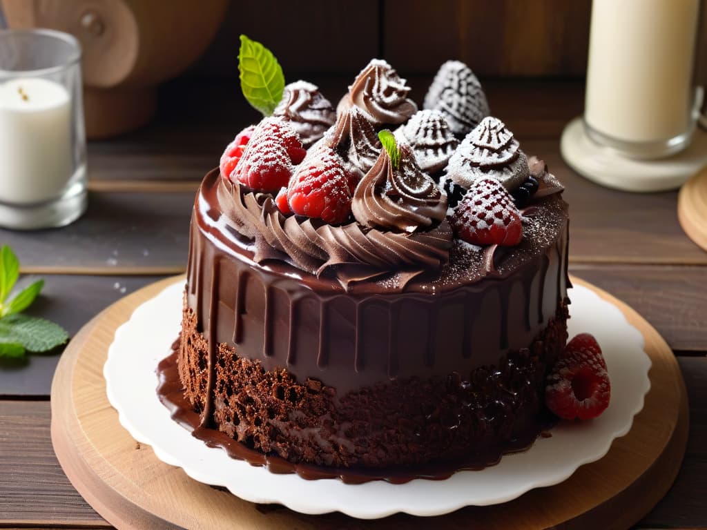  A closeup photorealistic image of a decadent chocolate cake topped with glossy chocolate ganache, sprinkled with cocoa nibs, and garnished with fresh raspberries and mint leaves on a rustic wooden table. The cake is perfectly sliced to reveal its rich, moist interior, showcasing layers of velvety chocolate frosting in between. The lighting highlights the textures and colors, making the viewer almost able to taste the indulgent dessert. hyperrealistic, full body, detailed clothing, highly detailed, cinematic lighting, stunningly beautiful, intricate, sharp focus, f/1. 8, 85mm, (centered image composition), (professionally color graded), ((bright soft diffused light)), volumetric fog, trending on instagram, trending on tumblr, HDR 4K, 8K