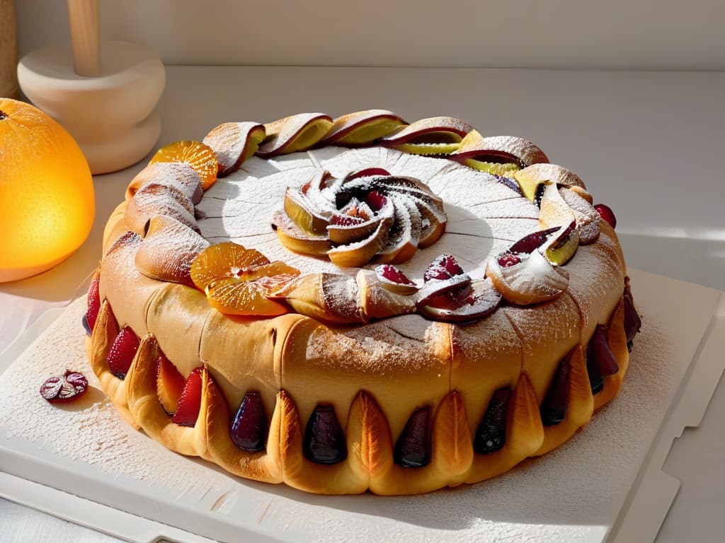  An ultradetailed closeup image of a freshly baked Roscón de Reyes, dusted with powdered sugar and adorned with vibrant candied fruits like oranges, cherries, and figs. The goldenbrown crust glistens under a soft, ambient light, highlighting the intricate braided design of the bread. The fruits are meticulously placed, adding a pop of color against the neutral backdrop, inviting viewers to imagine the delicious flavors and textures of this traditional Spanish treat. hyperrealistic, full body, detailed clothing, highly detailed, cinematic lighting, stunningly beautiful, intricate, sharp focus, f/1. 8, 85mm, (centered image composition), (professionally color graded), ((bright soft diffused light)), volumetric fog, trending on instagram, trending on tumblr, HDR 4K, 8K