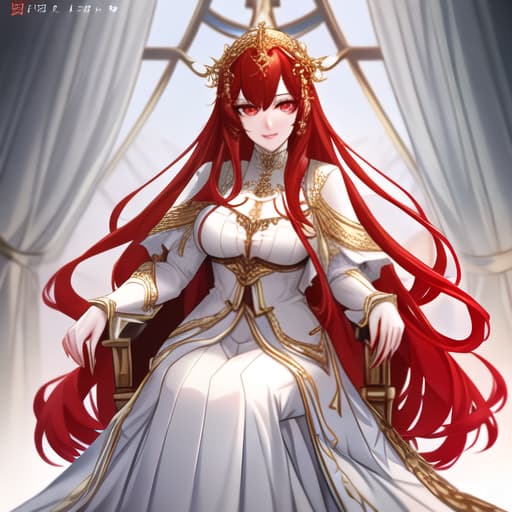  a girl manhua character with red hair and white eyes with white skin wearing noble dress and siting on the throne hyperrealistic, full body, detailed clothing, highly detailed, cinematic lighting, stunningly beautiful, intricate, sharp focus, f/1. 8, 85mm, (centered image composition), (professionally color graded), ((bright soft diffused light)), volumetric fog, trending on instagram, trending on tumblr, HDR 4K, 8K