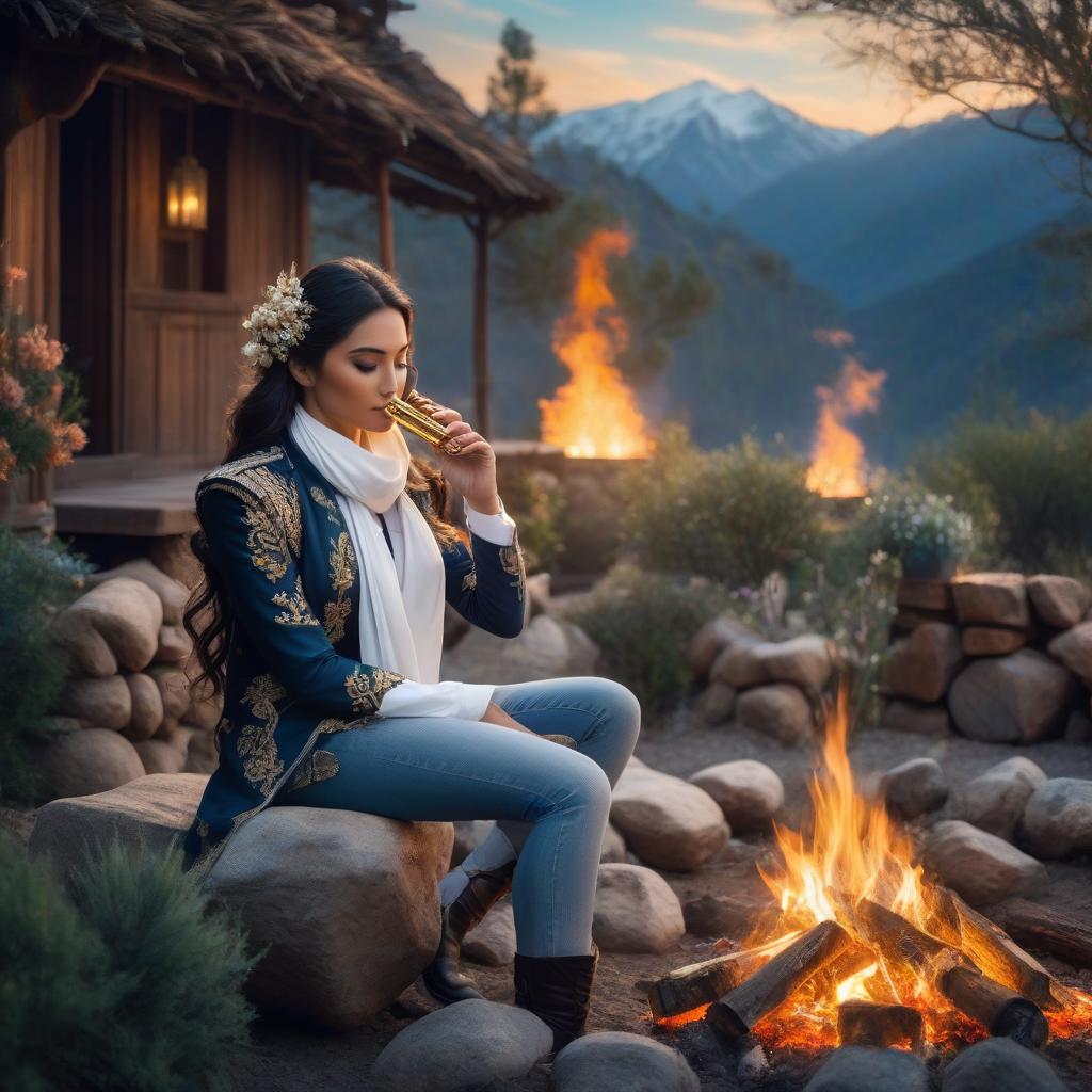  equestrian girl playing harmonica by the fire, adorned with a white neckerchief and gold accents. The textured design combines cool blues, gold leaf and delicate floral patterns to create an ethereal and picturesque scene of the innocence and beauty of the American West. hyperrealistic, full body, detailed clothing, highly detailed, cinematic lighting, stunningly beautiful, intricate, sharp focus, f/1. 8, 85mm, (centered image composition), (professionally color graded), ((bright soft diffused light)), volumetric fog, trending on instagram, trending on tumblr, HDR 4K, 8K