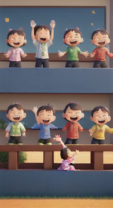  {A heartwarming scene of all the children waving goodbye with happy expressions., Children waving with wide smiles, looking grateful and content.