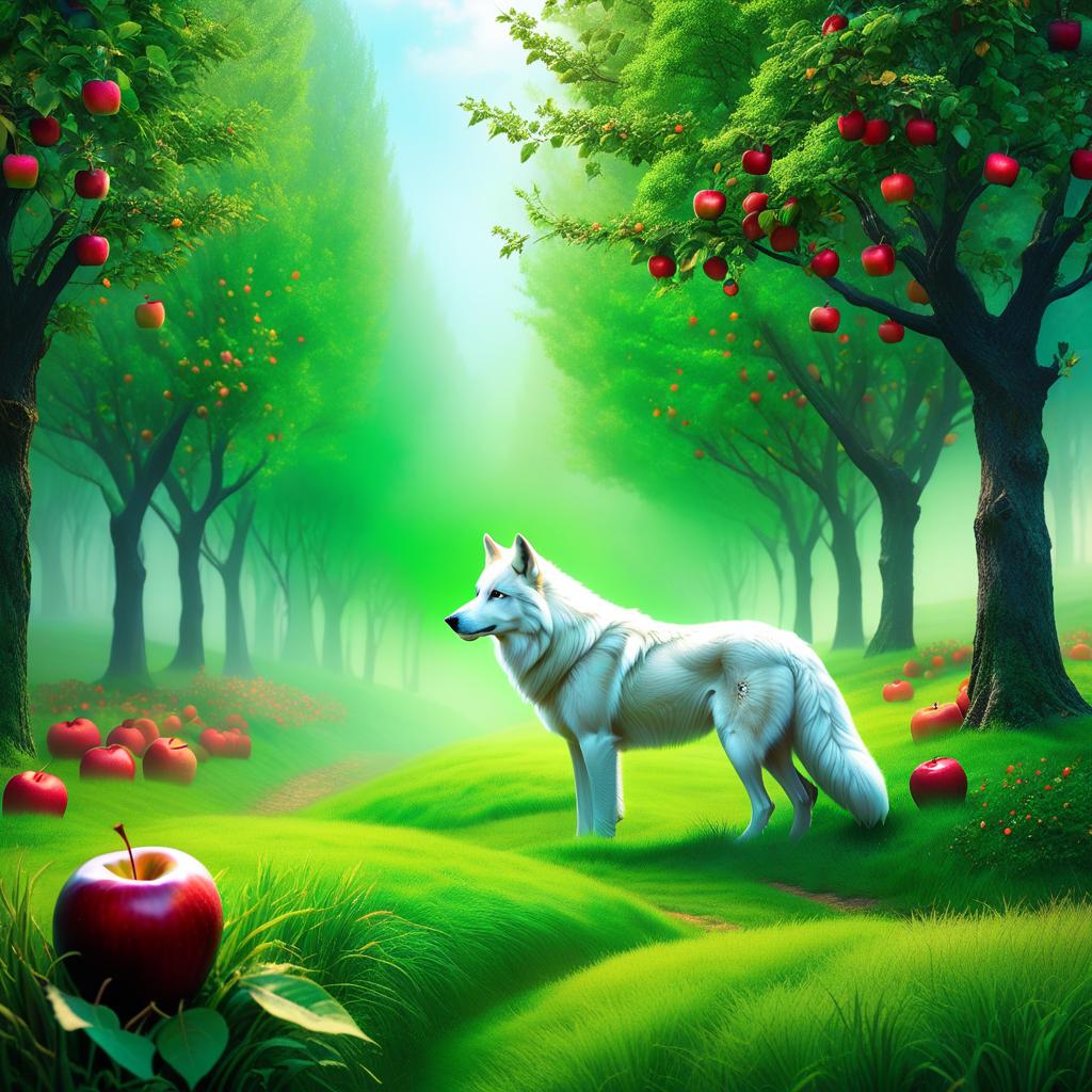  ethereal fantasy concept art of (Background): an apple orchard. He did not immediately realise that there was no more snow under his paws, only soft grass. Leaves on the recently bare trees turned green, and it became clear that this was not a forest at all, but a marvellous apple orchard. A white wolf shifter with green eyes and a black nose in a marvellous apple orchard. Style:fantasy . magnificent, celestial, ethereal, painterly, epic, majestic, magical, fantasy art, cover art, dreamy hyperrealistic, full body, detailed clothing, highly detailed, cinematic lighting, stunningly beautiful, intricate, sharp focus, f/1. 8, 85mm, (centered image composition), (professionally color graded), ((bright soft diffused light)), volumetric fog, trending on instagram, trending on tumblr, HDR 4K, 8K