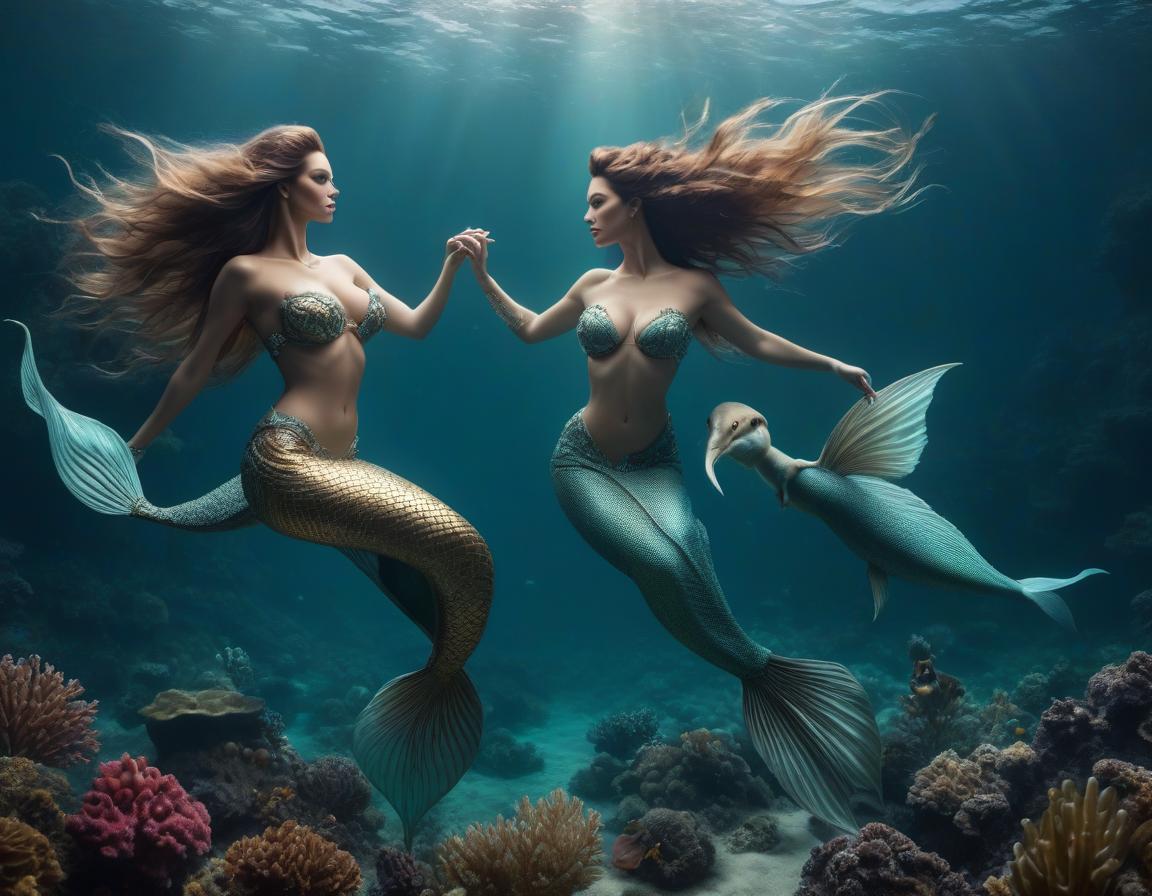  Real two Mermaids with long hair and long tails are playing in the depths of the sea at the bottom of the sea hyperrealistic, full body, detailed clothing, highly detailed, cinematic lighting, stunningly beautiful, intricate, sharp focus, f/1. 8, 85mm, (centered image composition), (professionally color graded), ((bright soft diffused light)), volumetric fog, trending on instagram, trending on tumblr, HDR 4K, 8K