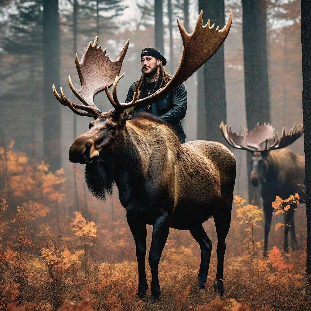  Post Malone hunting moose in new jersey hyperrealistic, full body, detailed clothing, highly detailed, cinematic lighting, stunningly beautiful, intricate, sharp focus, f/1. 8, 85mm, (centered image composition), (professionally color graded), ((bright soft diffused light)), volumetric fog, trending on instagram, trending on tumblr, HDR 4K, 8K