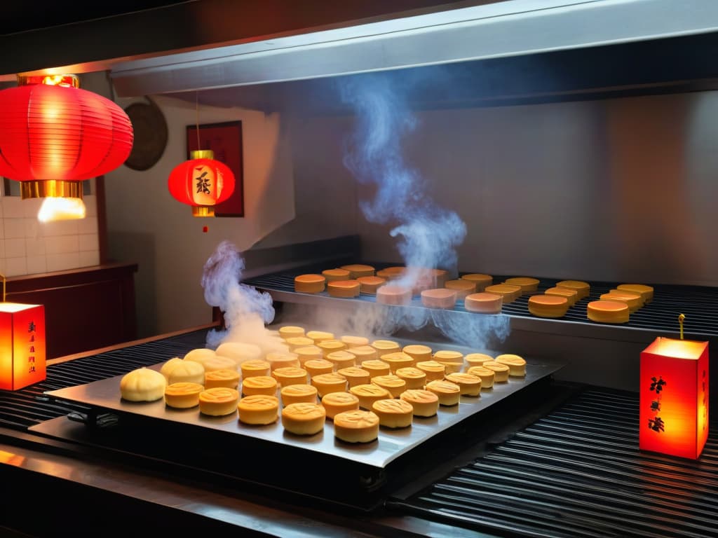  An ultradetailed photorealistic image of a traditional Chinese kitchen with a skilled chef meticulously preparing mooncakes. The scene captures the chef expertly folding the dough, filling it with lotus seed paste, and carefully shaping the mooncakes before placing them in the oven. The kitchen is filled with the warm glow of lanterns, creating a cozy and inviting atmosphere typical of the MidAutumn Festival. Every detail, from the ingredients on the counter to the steam rising from the oven, is rendered with stunning clarity and realism. hyperrealistic, full body, detailed clothing, highly detailed, cinematic lighting, stunningly beautiful, intricate, sharp focus, f/1. 8, 85mm, (centered image composition), (professionally color graded), ((bright soft diffused light)), volumetric fog, trending on instagram, trending on tumblr, HDR 4K, 8K