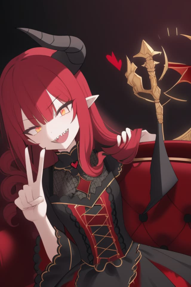  Masterpiece,beautiful woman,(((shark teeth))),open mouth,grinning face,black curved horns,delicate red hair color,long curly hair,( delicate golden eyes),(((profile,holding Hart❤ in one hand1.5))),(((hand up holding Hart❤1.5))),black gothic lolita dress,red gothic sofa,gold trim,((( black and red checked room background))),super analysis,high quality,super high definition,8K