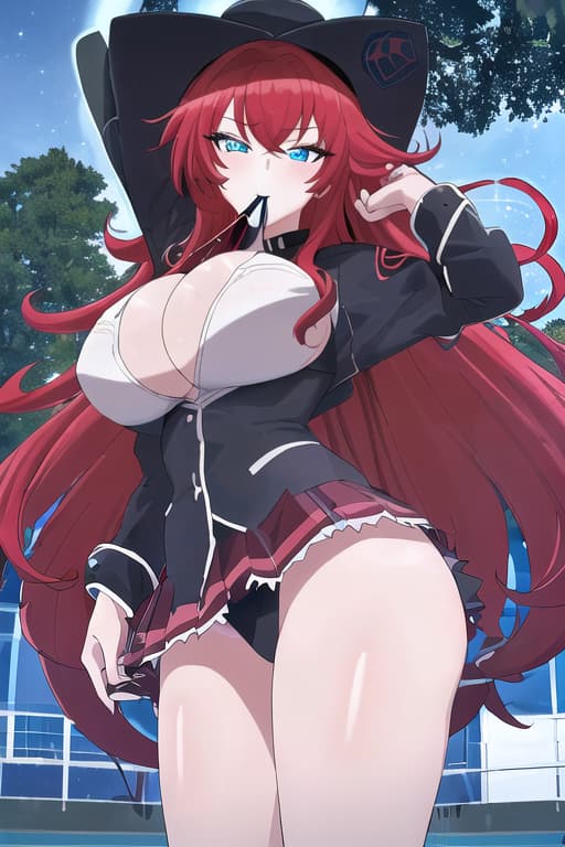  with erect in her mouth,masterpiece, best quality, 1women, long red hair, looking at viewer, :3, cute, black uniform, outdoors, streets, cowboy shot, curvy, (((blue eyes))), rias gremory, red hair, antenna hair, wavy hair, ((beautiful detailed eyes, beautiful detailed glow, lots of glow)), anime screencap,women at pool, compeion , black , masterpiece, best quality, high quality, solo