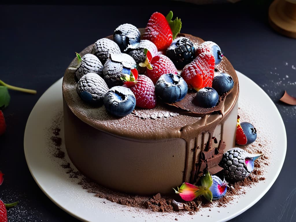  An ultradetailed closeup image of a decadent raw vegan chocolate cake topped with fresh berries, edible flowers, and a dusting of cocoa powder, sitting on a sleek, modern white plate against a minimalist black background. The cake is perfectly layered, showcasing its rich, moist texture, and the vibrant colors of the berries pop against the dark backdrop, creating a visually striking and appetizing composition. hyperrealistic, full body, detailed clothing, highly detailed, cinematic lighting, stunningly beautiful, intricate, sharp focus, f/1. 8, 85mm, (centered image composition), (professionally color graded), ((bright soft diffused light)), volumetric fog, trending on instagram, trending on tumblr, HDR 4K, 8K