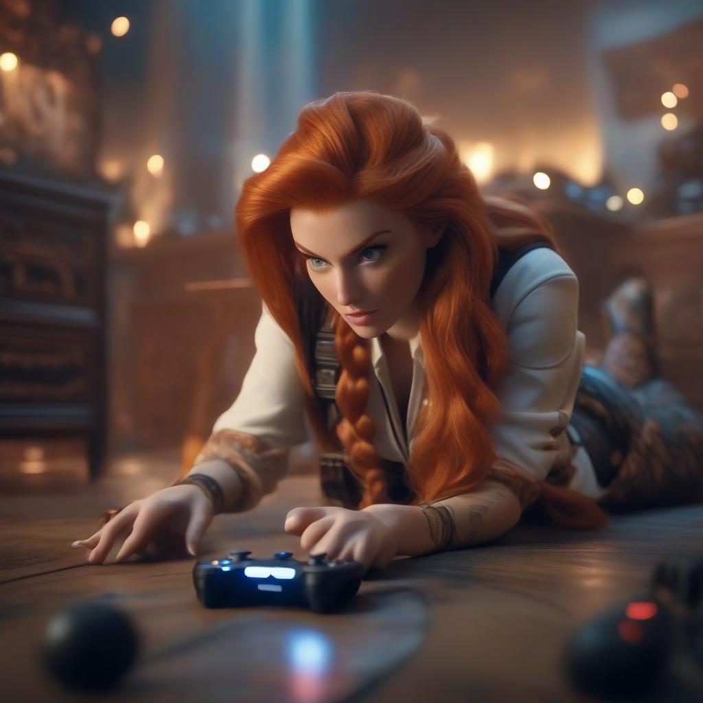  cinematic photo A girl with long ginger hair is playing a video game on the floor, holding a gamepad in her hand. . 35mm photograph, film, bokeh, professional, 4k, highly detailed hyperrealistic, full body, detailed clothing, highly detailed, cinematic lighting, stunningly beautiful, intricate, sharp focus, f/1. 8, 85mm, (centered image composition), (professionally color graded), ((bright soft diffused light)), volumetric fog, trending on instagram, trending on tumblr, HDR 4K, 8K