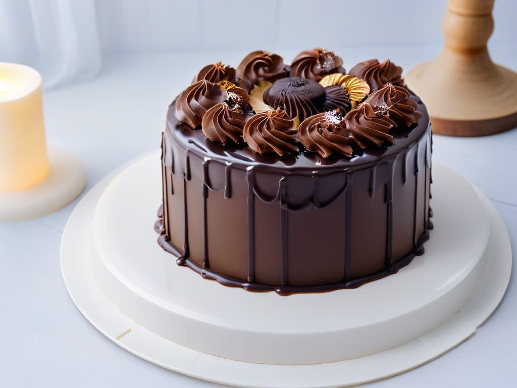  An ultradetailed closeup image of a decadent triplelayer chocolate cake, each layer showcasing intricate swirls of rich Belgian and Swiss chocolate, topped with a glossy ganache glaze and delicate chocolate curls, set on a sleek, modern white plate against a softfocus background highlighting the luxurious texture and intense flavor of the contrasting chocolates. hyperrealistic, full body, detailed clothing, highly detailed, cinematic lighting, stunningly beautiful, intricate, sharp focus, f/1. 8, 85mm, (centered image composition), (professionally color graded), ((bright soft diffused light)), volumetric fog, trending on instagram, trending on tumblr, HDR 4K, 8K