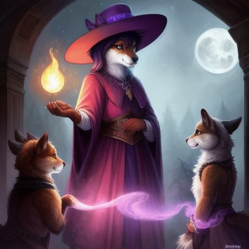  watercolor, storybook, A girl in a purple hat teaching a group of animals about magic under the yellow moon, characters include: girl in purple hat, group of animals, yellow moon, best quality, very detailed, high resolution, sharp, sharp image hyperrealistic, full body, detailed clothing, highly detailed, cinematic lighting, stunningly beautiful, intricate, sharp focus, f/1. 8, 85mm, (centered image composition), (professionally color graded), ((bright soft diffused light)), volumetric fog, trending on instagram, trending on tumblr, HDR 4K, 8K