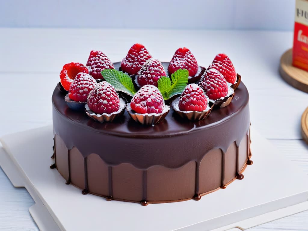  An ultradetailed, closeup shot of a decadent vegan chocolate cake, covered in a rich, glossy ganache. The cake is adorned with fresh raspberries and delicate mint leaves, showcasing a perfect balance of textures and flavors. The minimalist presentation highlights the intricate details of the dessert, inviting the viewer to appreciate the artistry and creativity behind vegan baking. hyperrealistic, full body, detailed clothing, highly detailed, cinematic lighting, stunningly beautiful, intricate, sharp focus, f/1. 8, 85mm, (centered image composition), (professionally color graded), ((bright soft diffused light)), volumetric fog, trending on instagram, trending on tumblr, HDR 4K, 8K