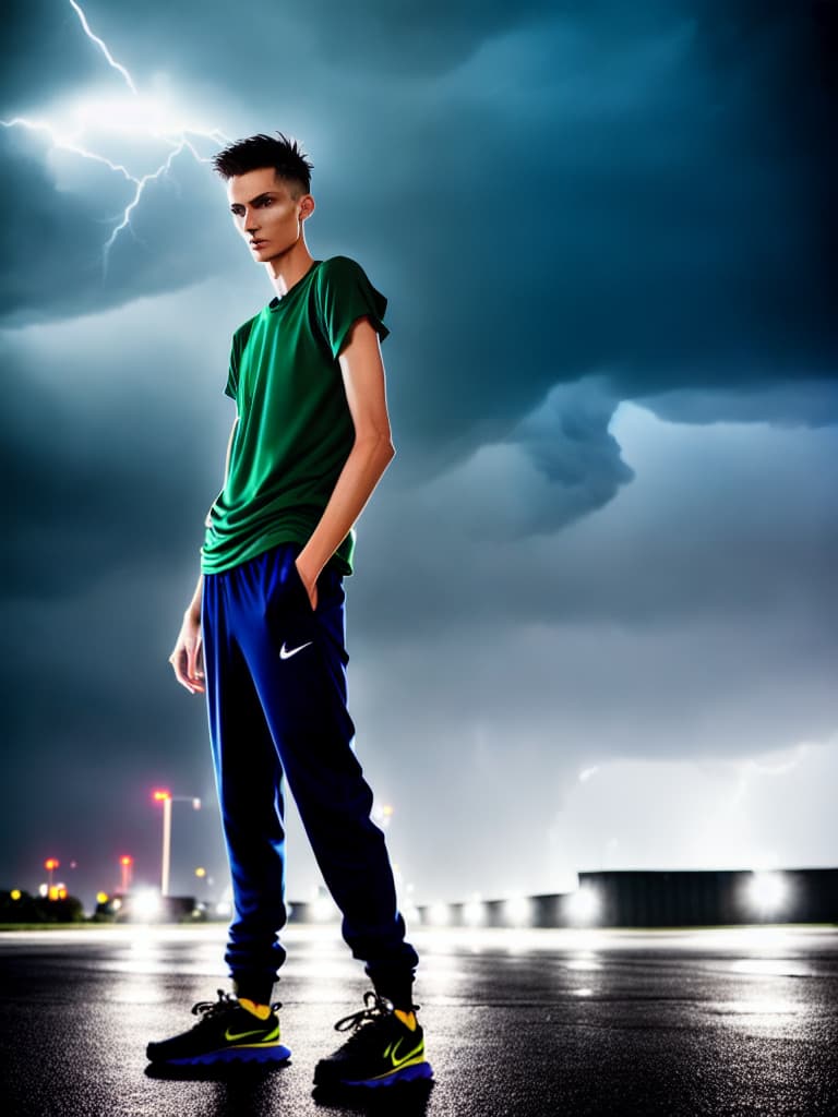 modelshoot style extreme malnourished emaciated anorexic skinny  male, emaciated starving, running scared in thunderstorm, stick-thin arms and , fatless, muscleless, powerless, long oversized sport-pants, oversized long shirt, sleeveless, bright , short haircut, very bautiful face, foggy mystic lighting, hyperrealistic, 8k, insanely detailed, perfectionism