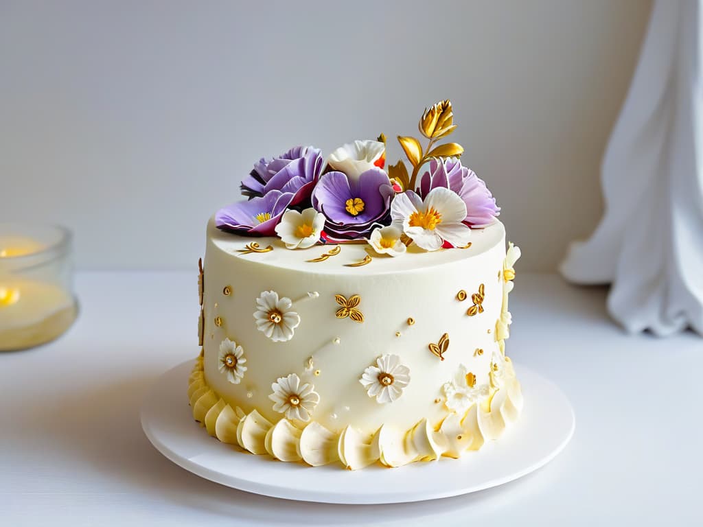  An elegant, minimalistic image of a beautifully decorated cake with intricate details such as delicate piping work, edible flowers, and gold leaf accents, set against a soft, blurred background to emphasize the craftsmanship and artistry of pastry making. hyperrealistic, full body, detailed clothing, highly detailed, cinematic lighting, stunningly beautiful, intricate, sharp focus, f/1. 8, 85mm, (centered image composition), (professionally color graded), ((bright soft diffused light)), volumetric fog, trending on instagram, trending on tumblr, HDR 4K, 8K