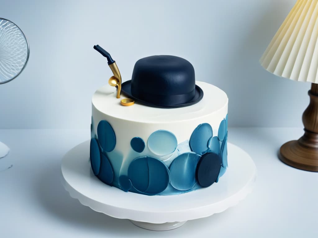  An intricately designed minimalist cake featuring elements inspired by the iconic symbols of Sherlock Holmes, such as a magnifying glass, a detective hat, and a vintage pipe, all elegantly crafted with fondant and placed on a sleek white cake stand. The cake is adorned with a subtle pattern of mysterious clues and intricate details that pay homage to the enigmatic nature of the beloved detective series. The color scheme is a sophisticated blend of deep navy blue, rich mahogany brown, and hints of antique gold, creating a visually striking yet understated masterpiece that embodies the essence of mystery and sophistication. hyperrealistic, full body, detailed clothing, highly detailed, cinematic lighting, stunningly beautiful, intricate, sharp focus, f/1. 8, 85mm, (centered image composition), (professionally color graded), ((bright soft diffused light)), volumetric fog, trending on instagram, trending on tumblr, HDR 4K, 8K