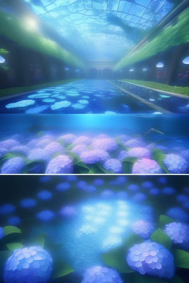  Glittering sunlight ((Park at The Bottom of the Lake)) ((Underwater Garden)) (Cobblestone Pavement)) Hydrangea, (Many Hydrangease) Light, High Quality, 8k