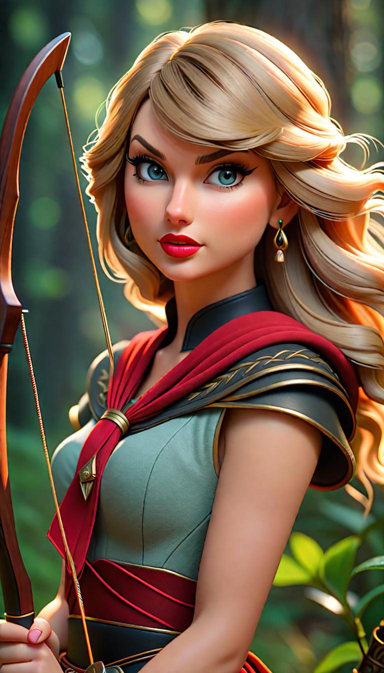  Professional 3D model of Taylor Swift as an archer . Rendered with Octane, the model is highly detailed,dramatic lighting. hyperrealistic, full body, detailed clothing, highly detailed, cinematic lighting, stunningly beautiful, intricate, sharp focus, f/1. 8, 85mm, (centered image composition), (professionally color graded), ((bright soft diffused light)), volumetric fog, trending on instagram, trending on tumblr, HDR 4K, 8K