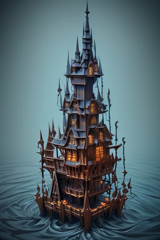  Single flooded simple fantasy wooden tower, very coherent and colorful high contrast!! masterpiece