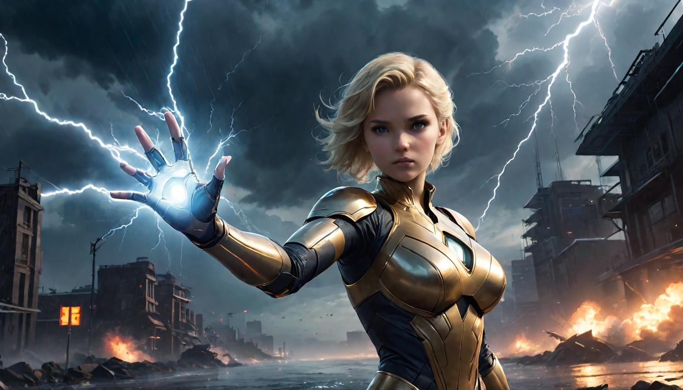  1girl, large busted attractive blonde Arian, extending hand towards others, beacon in a storm, community, unity in adversity, high tech clothing clad in sleek, futuristic costume with metallic accents and form fitting designs, marvel superhero comics style, unreal engine rendering