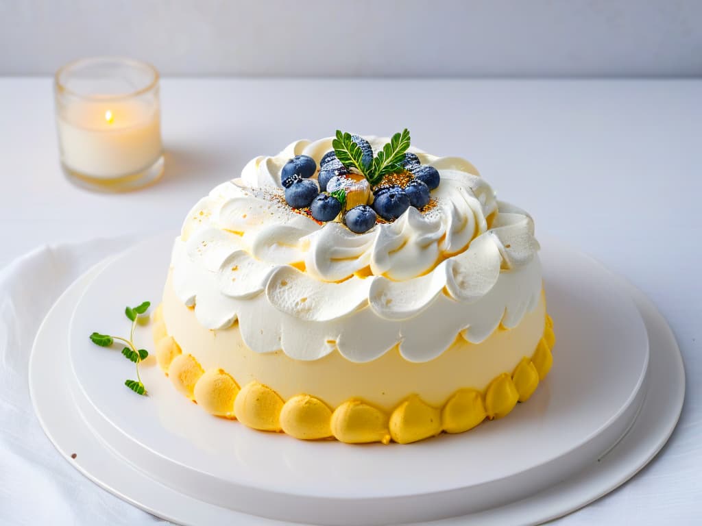  A minimalistic, highresolution image of a beautifully plated Wattleseed Pavlova, showcasing the delicate meringue base topped with a generous layer of whipped cream and garnished with a sprinkle of crushed wattleseed for a modern twist. The dessert sits on a sleek, white ceramic plate set against a soft, neutral background, emphasizing the elegance and simplicity of this Australian culinary delight. hyperrealistic, full body, detailed clothing, highly detailed, cinematic lighting, stunningly beautiful, intricate, sharp focus, f/1. 8, 85mm, (centered image composition), (professionally color graded), ((bright soft diffused light)), volumetric fog, trending on instagram, trending on tumblr, HDR 4K, 8K