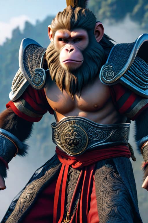  Monkey King: Journey to the West hyperrealistic, full body, detailed clothing, highly detailed, cinematic lighting, stunningly beautiful, intricate, sharp focus, f/1. 8, 85mm, (centered image composition), (professionally color graded), ((bright soft diffused light)), volumetric fog, trending on instagram, trending on tumblr, HDR 4K, 8K