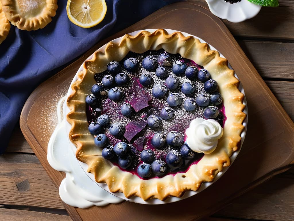  A closeup, photorealistic image of a freshly baked blueberry pie with a golden, flaky crust, oozing with juicy purpleblue berries. The pie sits on a rustic wooden table, with a dollop of whipped cream melting on top, surrounded by a scattering of fresh whole blueberries and a few sprigs of fragrant mint leaves. The sunlight streams in through a nearby window, casting a warm, inviting glow over the dessert, highlighting the glistening berries and creating a mouthwatering, appetizing scene. hyperrealistic, full body, detailed clothing, highly detailed, cinematic lighting, stunningly beautiful, intricate, sharp focus, f/1. 8, 85mm, (centered image composition), (professionally color graded), ((bright soft diffused light)), volumetric fog, trending on instagram, trending on tumblr, HDR 4K, 8K