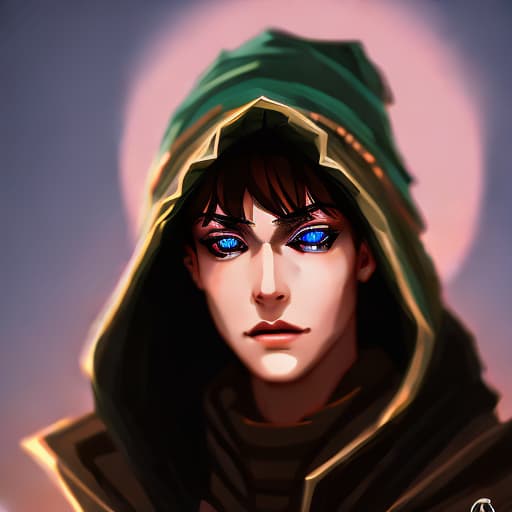 portrait+ style druid, dnd character, human, man, black hair, green and golden eyes,  20 years old, mysterious, feral, hooded, fantasy, hd, fey, Wild, nature