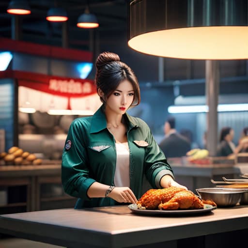  The simulated with long hair, big eyes and big s is wearing cool clothes and is frying chicken steak. hyperrealistic, full body, detailed clothing, highly detailed, cinematic lighting, stunningly beautiful, intricate, sharp focus, f/1. 8, 85mm, (centered image composition), (professionally color graded), ((bright soft diffused light)), volumetric fog, trending on instagram, trending on tumblr, HDR 4K, 8K