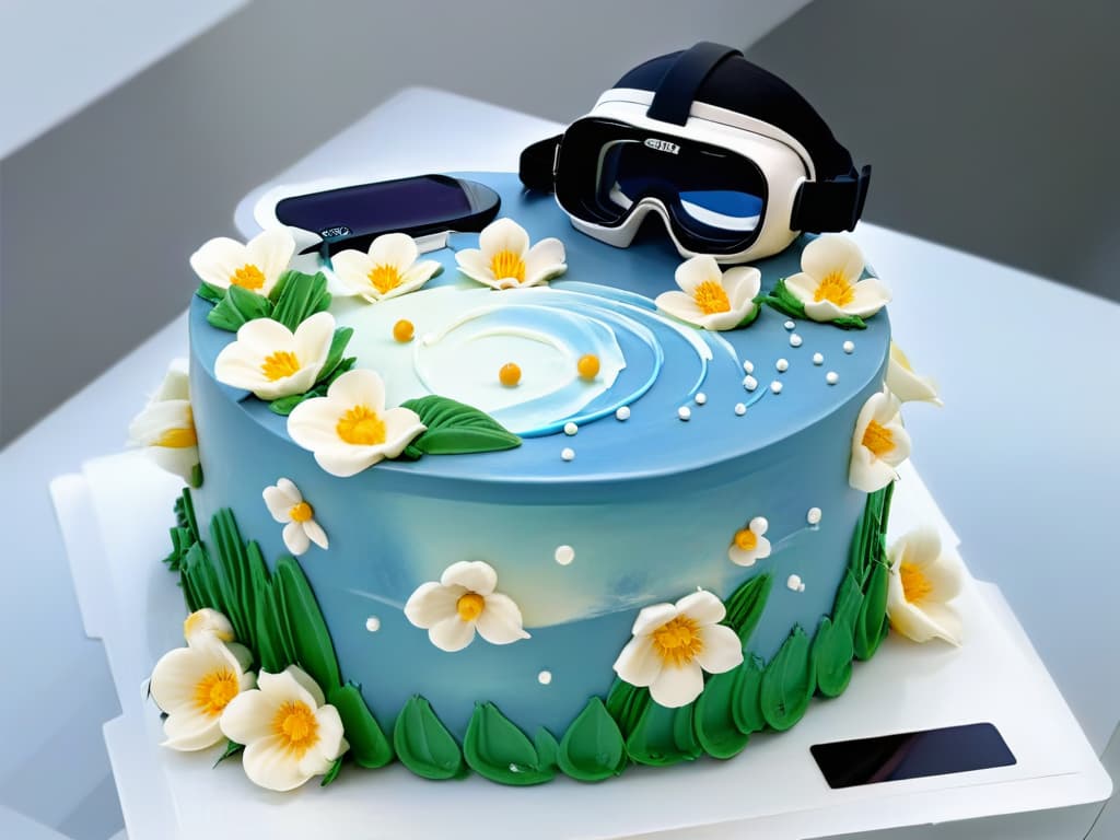  A minimalist, ultradetailed image of a virtual reality headset superimposed on top of a beautifully decorated cake, showcasing the fusion of technology and traditional pastry art. The headset is sleek and futuristic, with intricate detailing on its surface, while the cake underneath is adorned with delicate icing flowers and elegant piping work. The contrast between the hightech device and the artisanal dessert creates a visually striking and thoughtprovoking composition, perfect for capturing the essence of augmented reality in pastry education. hyperrealistic, full body, detailed clothing, highly detailed, cinematic lighting, stunningly beautiful, intricate, sharp focus, f/1. 8, 85mm, (centered image composition), (professionally color graded), ((bright soft diffused light)), volumetric fog, trending on instagram, trending on tumblr, HDR 4K, 8K