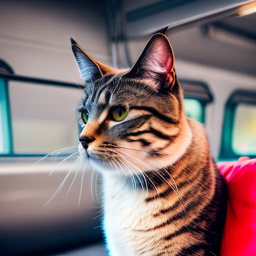 nvinkpunk Realistic image of a cat wearing headphones and reading glasses while riding a bus. hyperrealistic, full body, detailed clothing, highly detailed, cinematic lighting, stunningly beautiful, intricate, sharp focus, f/1. 8, 85mm, (centered image composition), (professionally color graded), ((bright soft diffused light)), volumetric fog, trending on instagram, trending on tumblr, HDR 4K, 8K