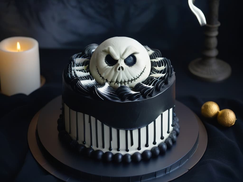  An intricate black and white cake adorned with swirling patterns reminiscent of Tim Burton's signature style, featuring delicate sugar sculptures of iconic characters like Jack Skellington and Edward Scissorhands. The cake is set against a dark, moody background to enhance the gothic aesthetic, with subtle hints of whimsy peeking through the shadows. hyperrealistic, full body, detailed clothing, highly detailed, cinematic lighting, stunningly beautiful, intricate, sharp focus, f/1. 8, 85mm, (centered image composition), (professionally color graded), ((bright soft diffused light)), volumetric fog, trending on instagram, trending on tumblr, HDR 4K, 8K