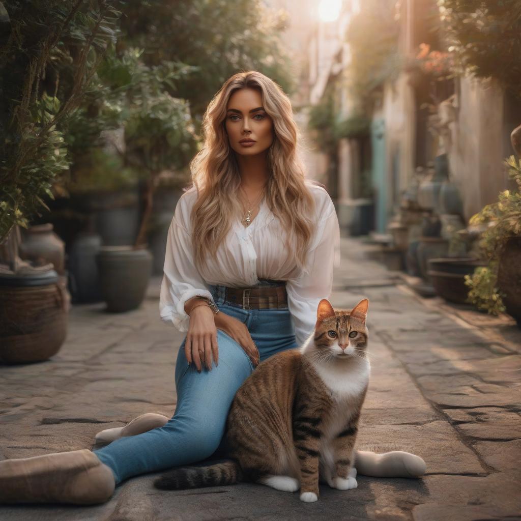  photo of a woman with a cat, raw, Canon EOS R, Lens 50 mm hyperrealistic, full body, detailed clothing, highly detailed, cinematic lighting, stunningly beautiful, intricate, sharp focus, f/1. 8, 85mm, (centered image composition), (professionally color graded), ((bright soft diffused light)), volumetric fog, trending on instagram, trending on tumblr, HDR 4K, 8K