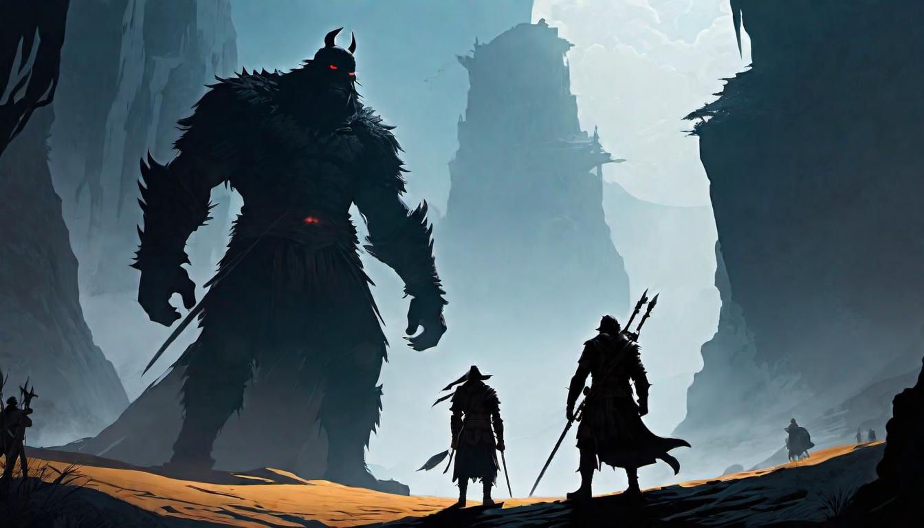  digital illustration, Giant shadowy figures loom over a diminutive, but brightly lit, traveler, facing them with a defiant stance, illuminating challenges and adversity, courage in the face of overwhelming odds, looking at viewer, dynamic pose, (intricate details, masterpiece, best quality)