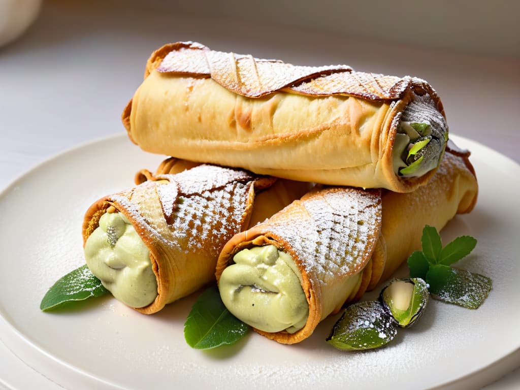  A closeup, ultradetailed image of a freshly made Sicilian cannoli, perfectly golden and crispy, with a generous dusting of powdered sugar on top. The ricotta filling is visible, rich and creamy, studded with vibrant green pistachios. The background is softfocus, highlighting the intricate details of the flaky pastry shell and the tantalizing texture of the sweet filling. hyperrealistic, full body, detailed clothing, highly detailed, cinematic lighting, stunningly beautiful, intricate, sharp focus, f/1. 8, 85mm, (centered image composition), (professionally color graded), ((bright soft diffused light)), volumetric fog, trending on instagram, trending on tumblr, HDR 4K, 8K