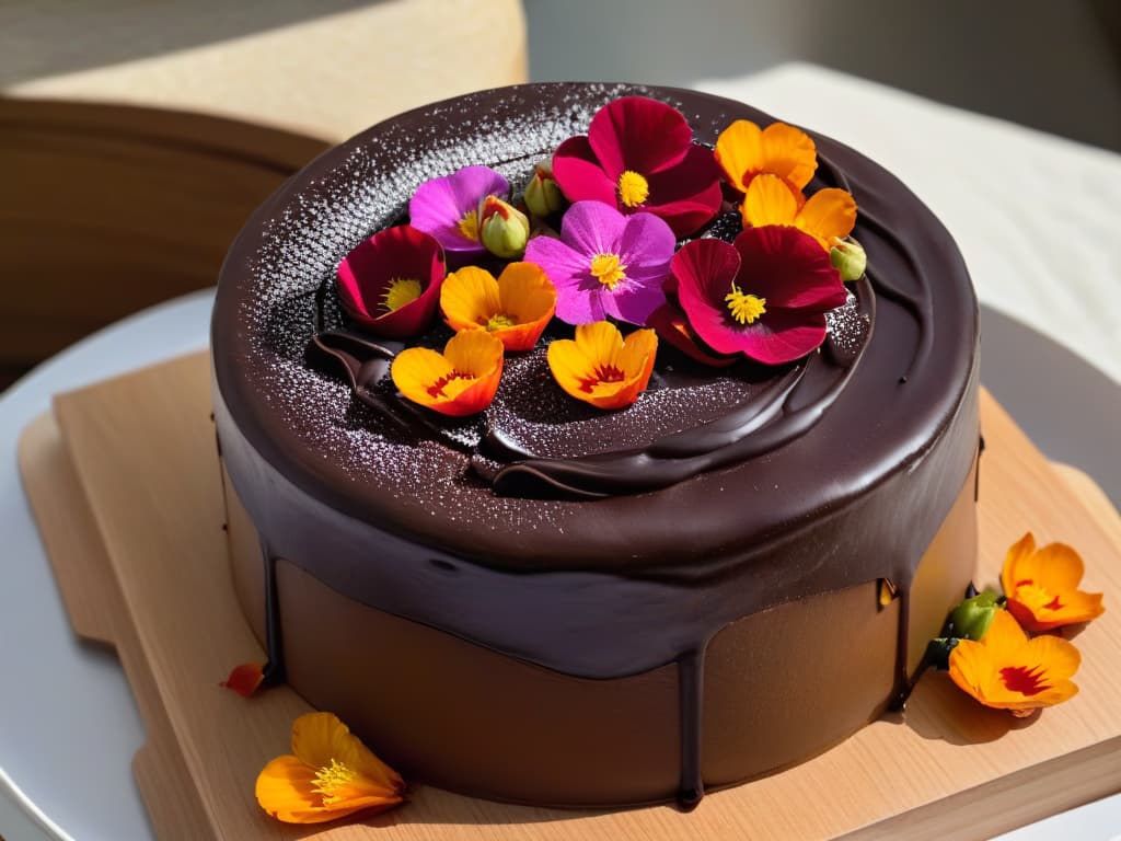  A closeup, photorealistic image of a decadent tamarindinfused chocolate cake topped with glossy dark chocolate ganache and garnished with fresh tamarind pods and vibrant edible flowers. The cake sits on a rustic wooden table with soft natural light illuminating its rich textures and inviting presentation, showcasing the perfect balance of sweetness and tanginess in a sophisticated dessert. hyperrealistic, full body, detailed clothing, highly detailed, cinematic lighting, stunningly beautiful, intricate, sharp focus, f/1. 8, 85mm, (centered image composition), (professionally color graded), ((bright soft diffused light)), volumetric fog, trending on instagram, trending on tumblr, HDR 4K, 8K