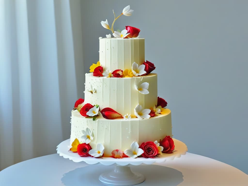  A closeup, ultra highdefinition image of a beautifully crafted multitiered wedding cake, adorned with intricate floral details and delicate sugar decorations. The cake is elegantly displayed on a sleek, minimalistic white pedestal, set against a soft, blurred background to emphasize its exquisite design and impeccable artistry. The lighting captures every intricate detail and highlights the expert craftsmanship that goes into creating stunning desserts for special events. hyperrealistic, full body, detailed clothing, highly detailed, cinematic lighting, stunningly beautiful, intricate, sharp focus, f/1. 8, 85mm, (centered image composition), (professionally color graded), ((bright soft diffused light)), volumetric fog, trending on instagram, trending on tumblr, HDR 4K, 8K