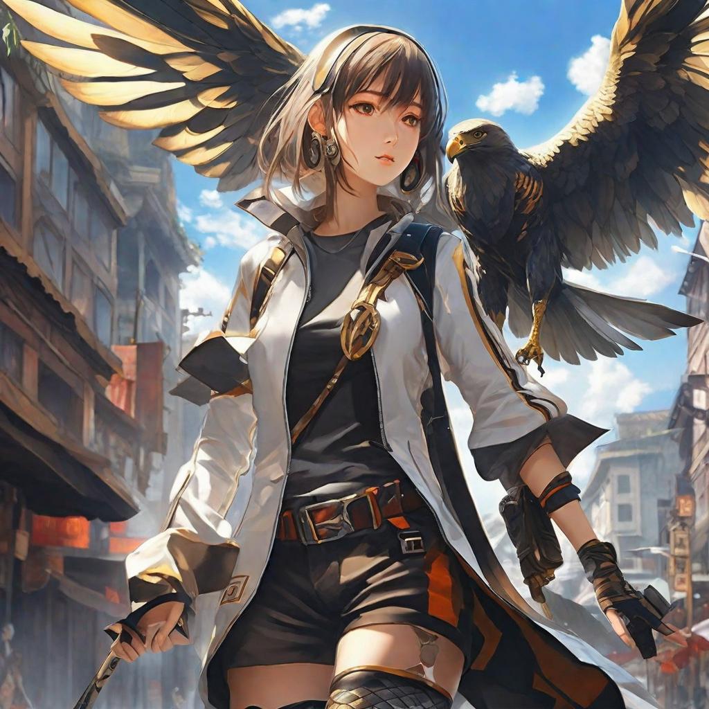  masterpiece, best quality,Thick painting, big perspective action, beautiful girl standing at the crossroads, she wears a snake eagle element clothes, feet wearing high boots, wearing an electronic watch on her wrist. The atmosphere is mysterious, the angle of view looks up, highlighting the heroic character. Refer to the characters, scenes and styles in the anime "Curse Return".