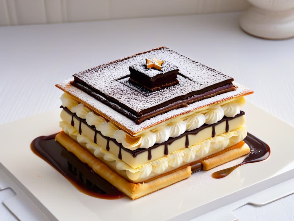  A closeup, ultradetailed image of a perfectly crafted, multilayered millefeuille pastry with alternating layers of delicate puff pastry and rich pastry cream, finished with a glossy caramel glaze and intricate chocolate decorations. The pastry is elegantly presented on a sleek, modern white plate, set against a simple, minimalist background to highlight the precise layers and exquisite details of the dessert. Each element of the millefeuille is impeccably executed, showcasing the artistry and skill required in the world of professional pastry. hyperrealistic, full body, detailed clothing, highly detailed, cinematic lighting, stunningly beautiful, intricate, sharp focus, f/1. 8, 85mm, (centered image composition), (professionally color graded), ((bright soft diffused light)), volumetric fog, trending on instagram, trending on tumblr, HDR 4K, 8K