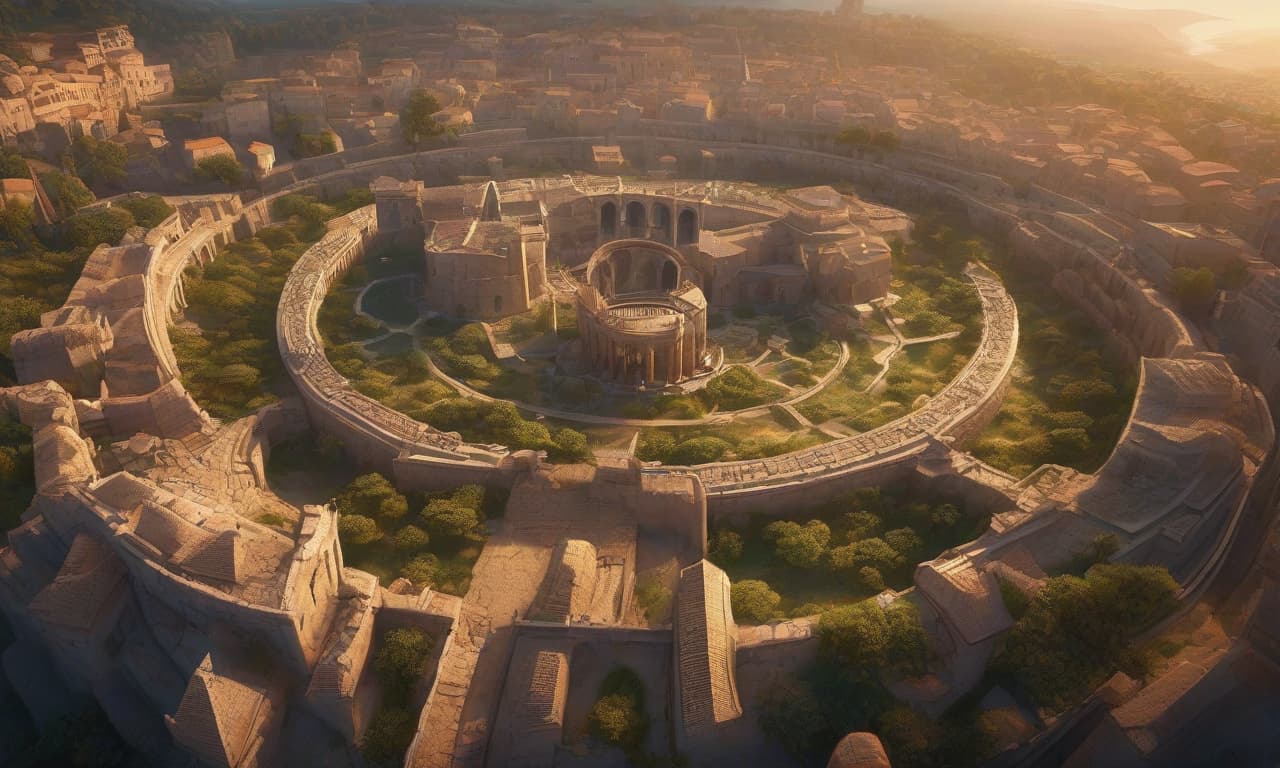  Vector image, 2D image, 2k image, bird's eye view of a city, sunset on the horizon, sun at the center of the frame, League of Legends, background of Runic Wars, ancient stone city and solstice, ancient Rome, stone houses, huge empty arena. hyperrealistic, full body, detailed clothing, highly detailed, cinematic lighting, stunningly beautiful, intricate, sharp focus, f/1. 8, 85mm, (centered image composition), (professionally color graded), ((bright soft diffused light)), volumetric fog, trending on instagram, trending on tumblr, HDR 4K, 8K