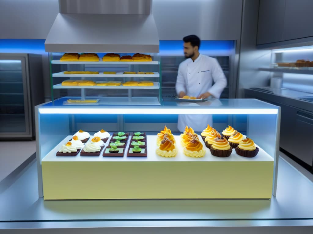  A highresolution, ultradetailed image of a sleek, futuristic kitchen counter with holographic AR displays showcasing intricate dessert recipes in progress. The minimalistic design highlights the cuttingedge technology of AR integrated seamlessly into the culinary environment, symbolizing the evolution of pastry education in 2023. hyperrealistic, full body, detailed clothing, highly detailed, cinematic lighting, stunningly beautiful, intricate, sharp focus, f/1. 8, 85mm, (centered image composition), (professionally color graded), ((bright soft diffused light)), volumetric fog, trending on instagram, trending on tumblr, HDR 4K, 8K