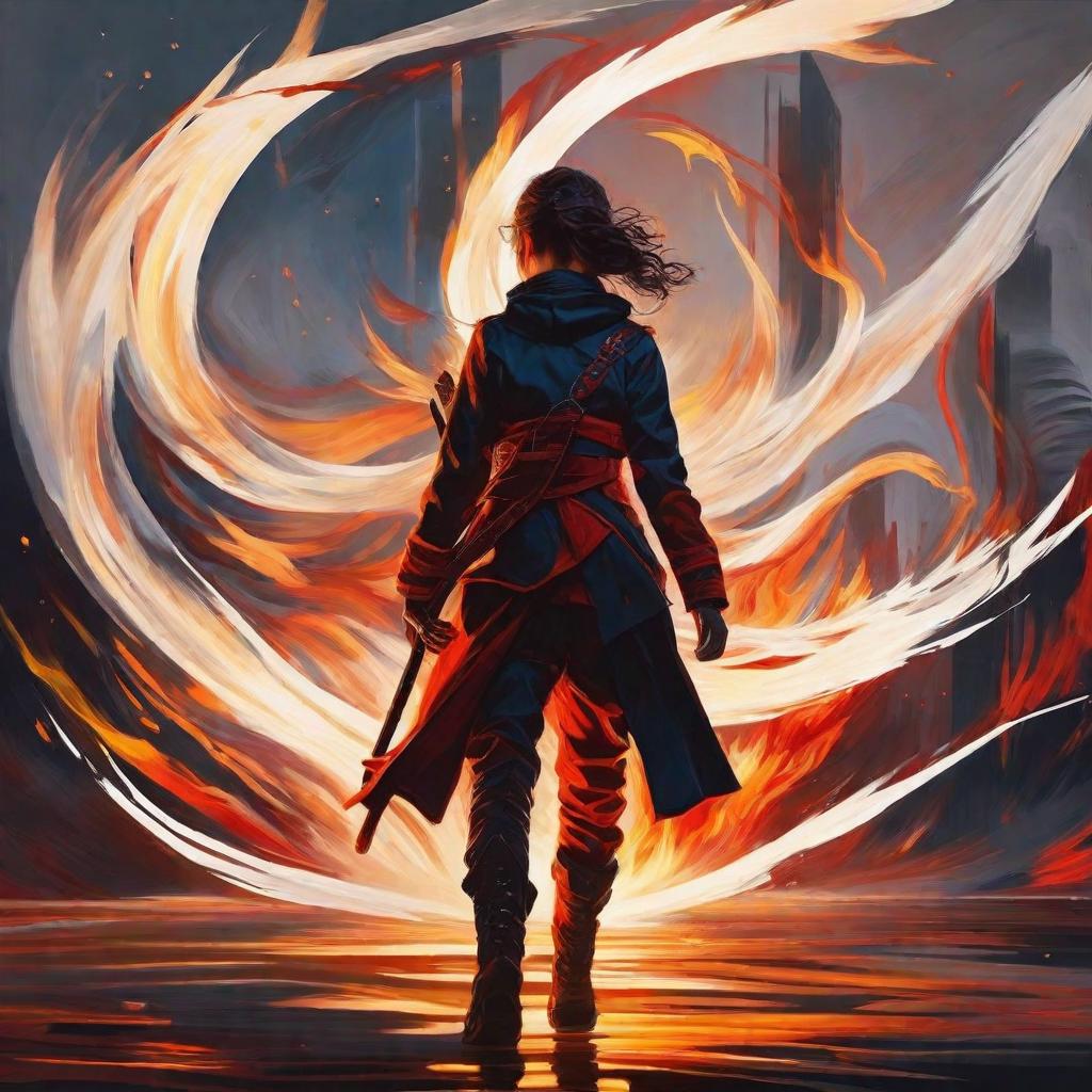  in abstract art style, An intense scene unfolds as a girl stands amidst swirling flames, her expression a mix of determination and mystique, with the fiery inferno casting dynamic shadows on the surroundings.