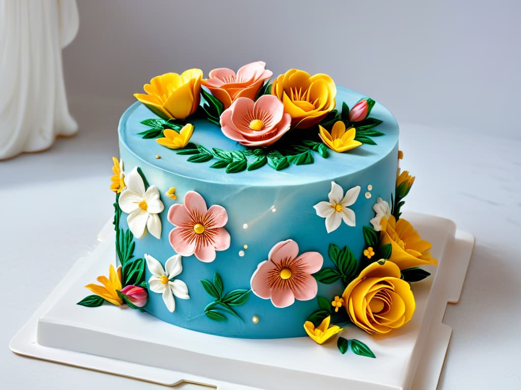  A closeup, ultradetailed image of a vibrant, intricately decorated cake showcasing the latest trends in pastry design, featuring delicate fondant flowers, metallic accents, and intricate piping details. The cake sits on a marble countertop, with soft natural light illuminating the textures and colors, highlighting the skillful craftsmanship and artistry in modern baking trends. hyperrealistic, full body, detailed clothing, highly detailed, cinematic lighting, stunningly beautiful, intricate, sharp focus, f/1. 8, 85mm, (centered image composition), (professionally color graded), ((bright soft diffused light)), volumetric fog, trending on instagram, trending on tumblr, HDR 4K, 8K