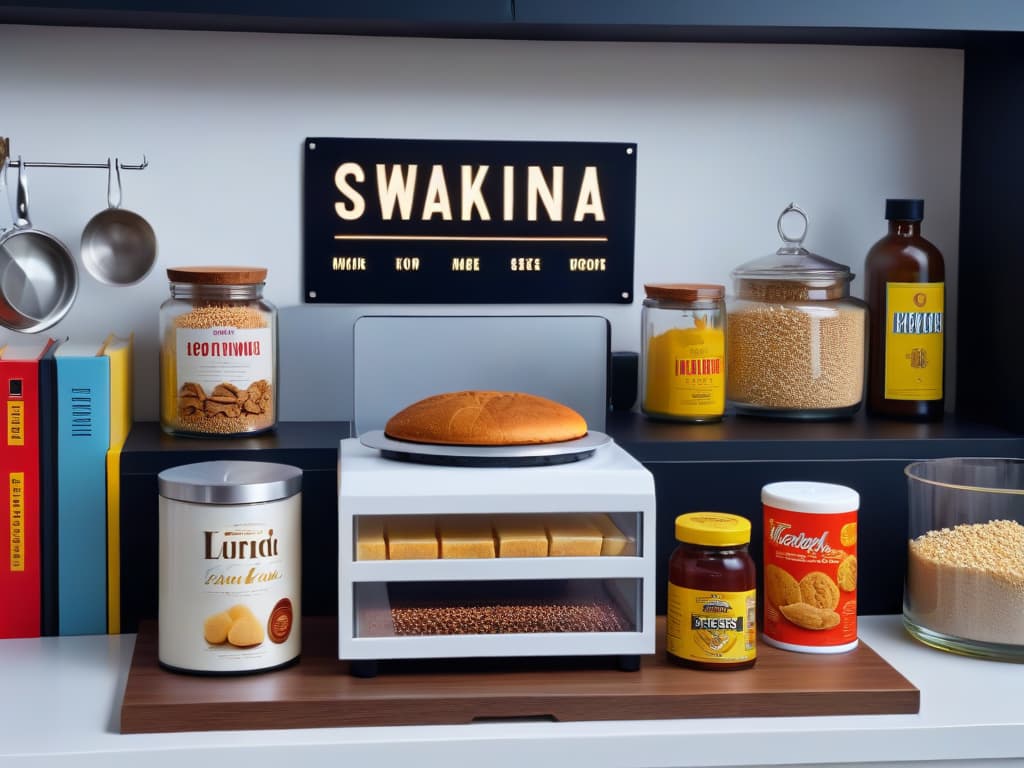  An ultradetailed, 8k resolution image of a sleek, modern kitchen countertop with various baking ingredients neatly organized in trendy, pop culturethemed containers. A set of highend baking tools with sleek designs can be seen placed strategically next to a stack of recipe books featuring iconic movie posters. The overall aesthetic is minimalist yet visually striking, embodying a fusion of culinary artistry with pop culture influences. hyperrealistic, full body, detailed clothing, highly detailed, cinematic lighting, stunningly beautiful, intricate, sharp focus, f/1. 8, 85mm, (centered image composition), (professionally color graded), ((bright soft diffused light)), volumetric fog, trending on instagram, trending on tumblr, HDR 4K, 8K