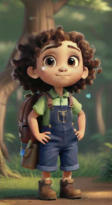  {The tree with a twinkling eye, while its leaves gently rustle., Riley, a curious with big brown eyes and curly hair, wearing overalls and carrying a small backpack. Their friend, Skye, a bluebird with shiny feathers.