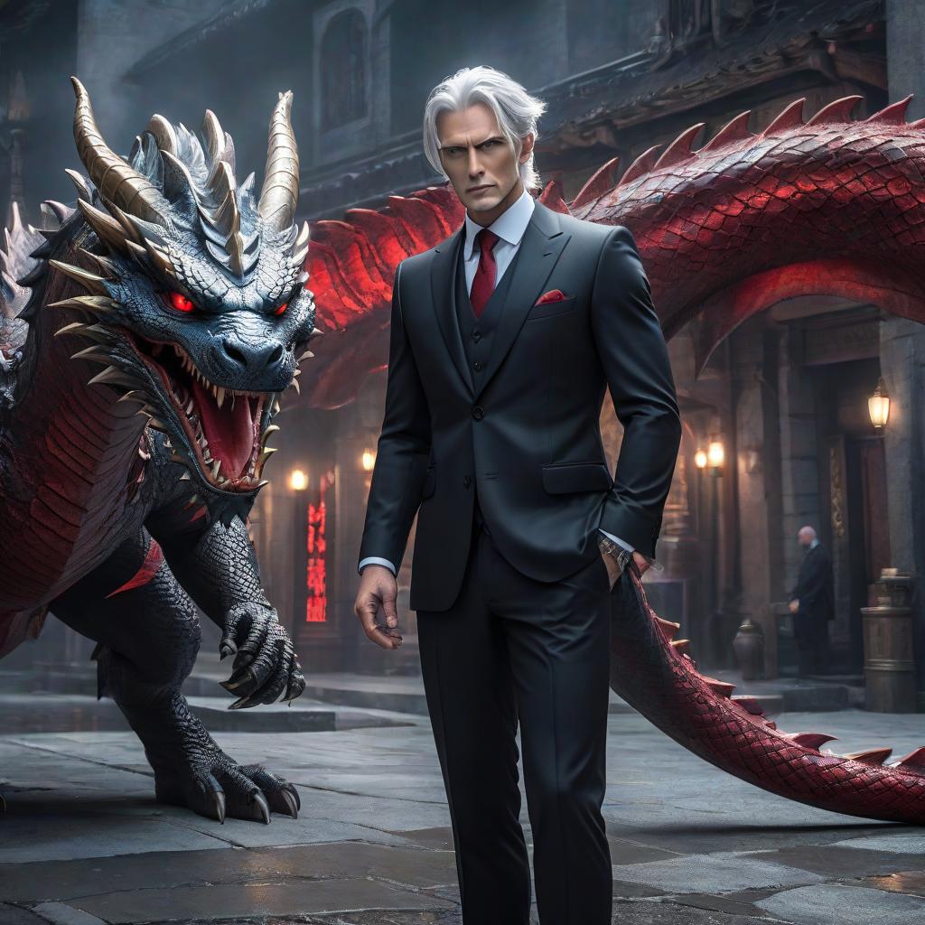  A man in a black classic suit and a red shirt, blue eyes, and silver hair, with a dragon's tail. hyperrealistic, full body, detailed clothing, highly detailed, cinematic lighting, stunningly beautiful, intricate, sharp focus, f/1. 8, 85mm, (centered image composition), (professionally color graded), ((bright soft diffused light)), volumetric fog, trending on instagram, trending on tumblr, HDR 4K, 8K