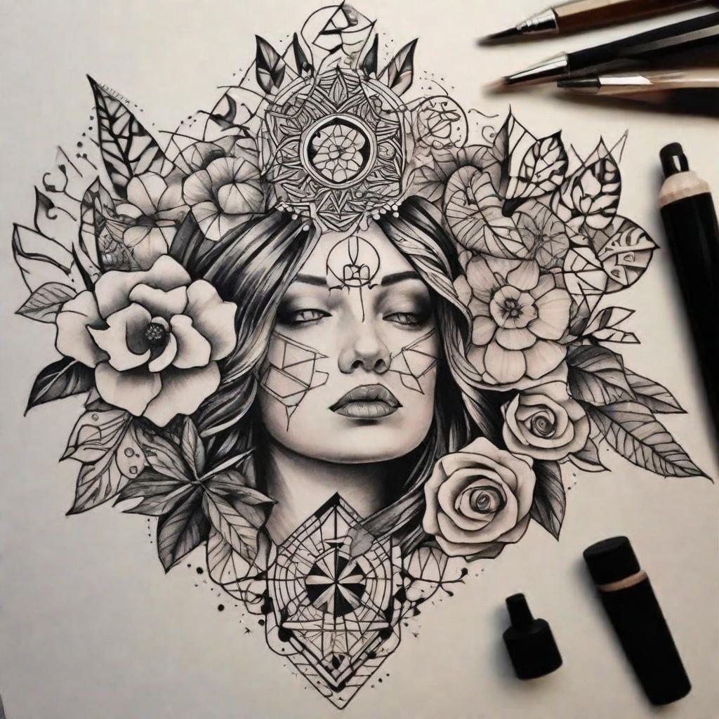  masterpiece, best quality, Woman's forearm tattoo. Include floral, leafs, geometric shapes. At top of tattoo there is an infinity symbol, incorporate that into the design