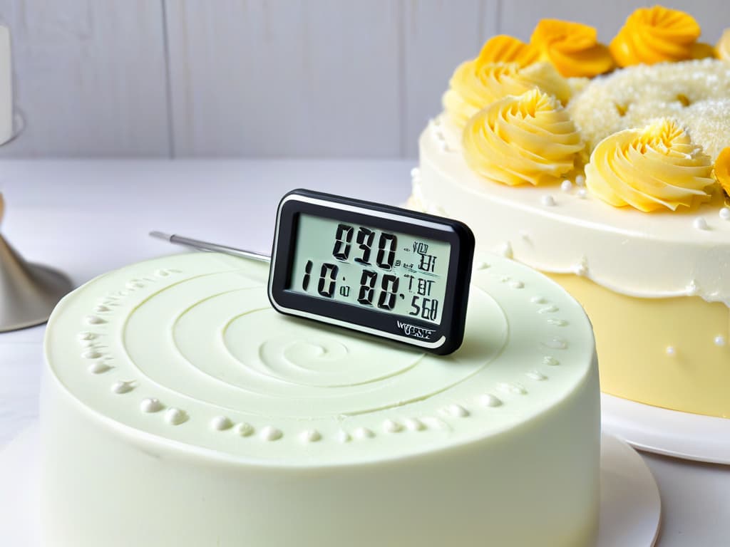  A closeup, ultradetailed image of a sleek, modern digital kitchen thermometer with a stainless steel probe, displaying a precise temperature reading of 350°F against a softfocus background of a beautifully decorated cake with intricate frosting details. The thermometer's screen shows the numbers in crisp clarity, capturing the essence of precision and accuracy in baking. hyperrealistic, full body, detailed clothing, highly detailed, cinematic lighting, stunningly beautiful, intricate, sharp focus, f/1. 8, 85mm, (centered image composition), (professionally color graded), ((bright soft diffused light)), volumetric fog, trending on instagram, trending on tumblr, HDR 4K, 8K