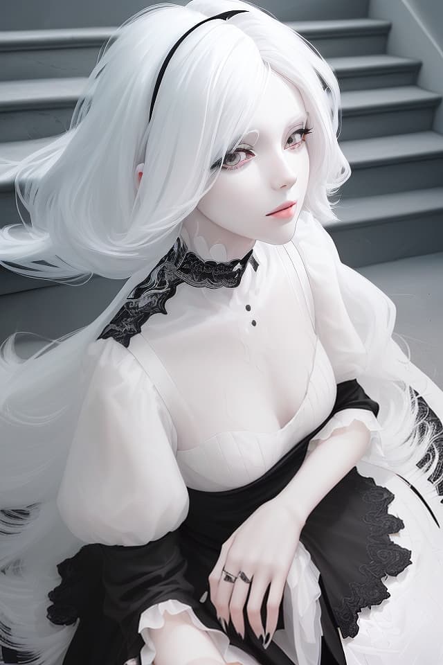  Black and white monochrome ((white hair)) ((wearing a nice black dress))) Ite Hair, Cool, Nice Body, Sitting On STAIRS (Close Up of Upper Body) High Quality, 8k, 16k