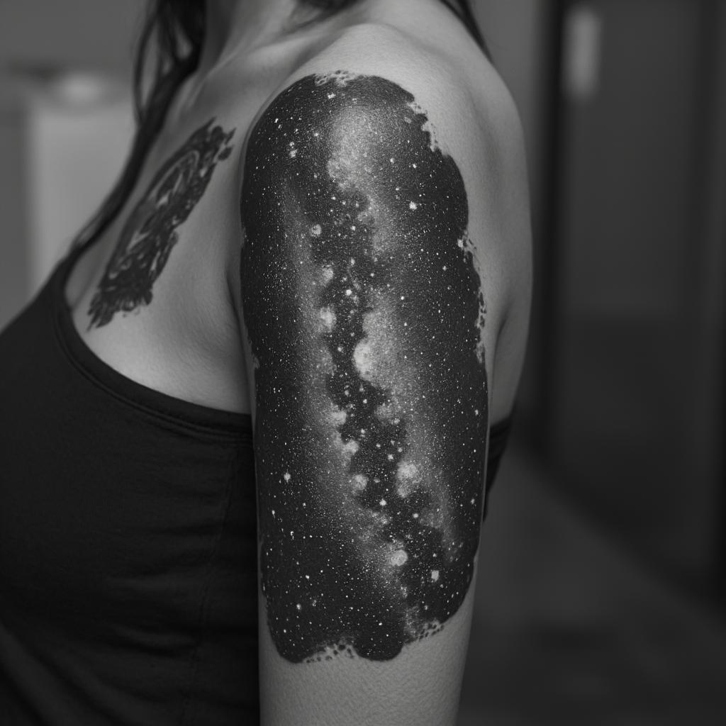  good quality, high quality, create a professionally shaded, hyper realistic, ultra detailed, black and white tattoo of the milky way galaxy, viewed from a top down perspective. the design should be intricately detailed with a focus on depth and texture, ensuring the galaxy's spiral arms are prominently visible. the tattoo should seamlessly flow from the shoulder to the elbow on the upper arm of a female, emphasizing soft curves to follow the natural contours of the arm. include fine detailing, subtle shading transitions, and a sense of cosmic movement, but avoid hard geometric lines or overly symmetrical patterns to keep the design organic.